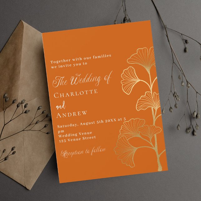 Postal De Invitación Boda ginkgo hojas quemadas naranja oro (Subido por el creador)