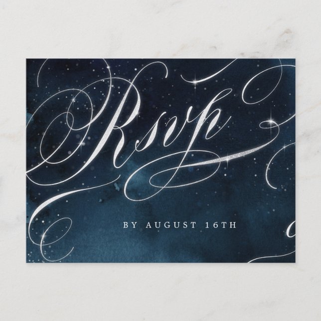 Postal De Invitación Boda glam de caligrafía de plata de la Marina RSVP (Anverso)