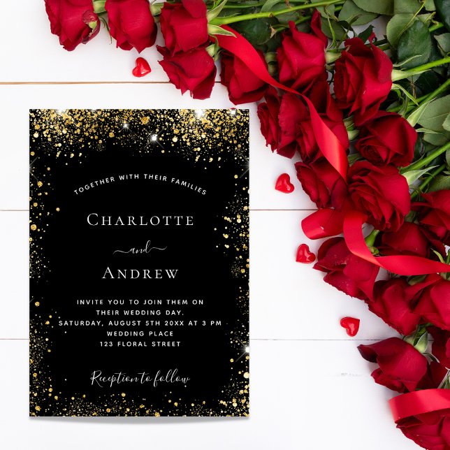 Postal De Invitación Boda glamuroso purpurina de oro negro (Subido por el creador)