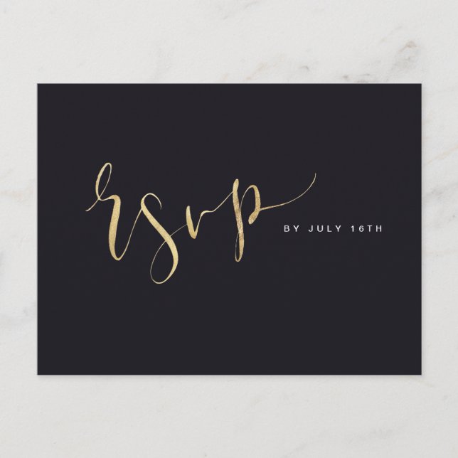 Postal De Invitación Boda Gold y Black Modern Simple Script RSVP (Anverso)