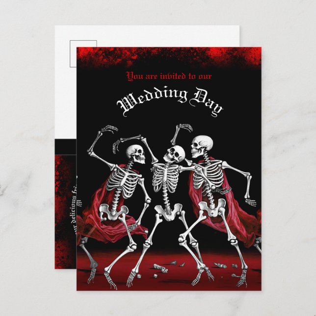 Postal De Invitación Boda gótico de esqueletos de danza de muerte roja (Anverso / Reverso)