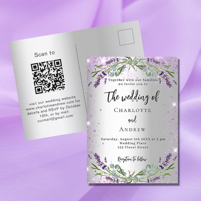 Postal De Invitación Boda lavender plata eucalipto código QR RSVP (Subido por el creador)