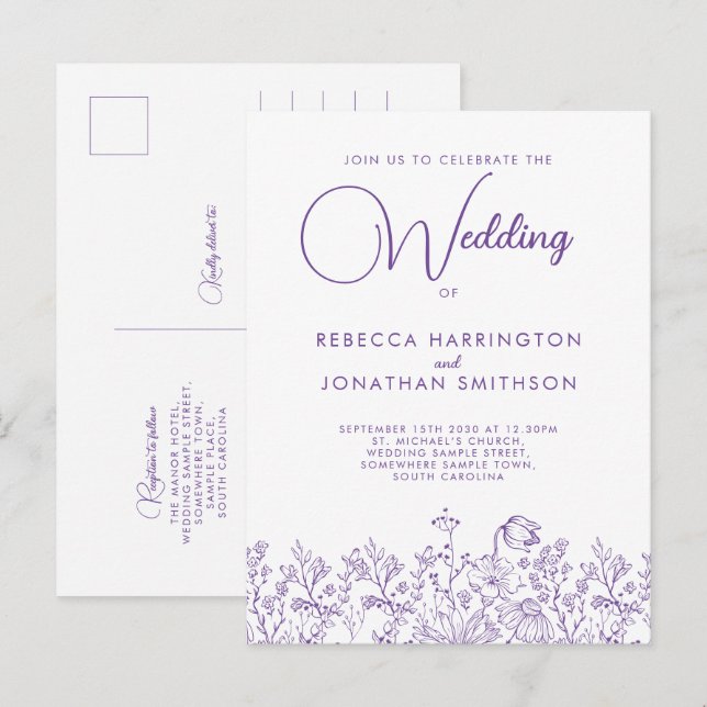 Postal De Invitación Boda Lilac Floral Elegante (Anverso / Reverso)