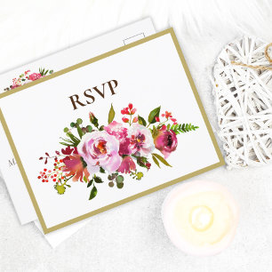 Postal De Invitación Boda Magenta Rosa Coral Floral Borde Dorado RSVP