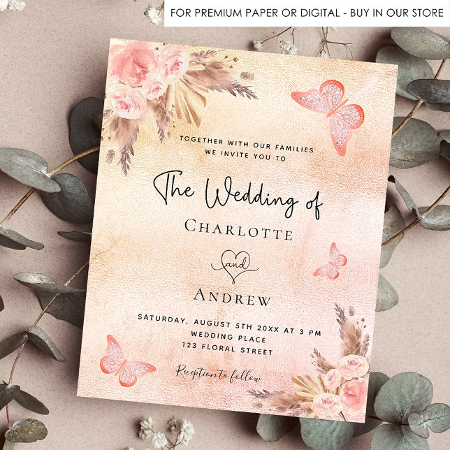 Postal De Invitación Boda mariposa pampas pampas boho de ruboro (Subido por el creador)