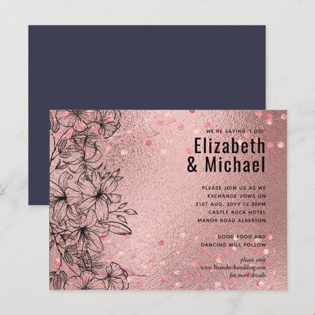 Postal De Invitación Boda metálico Rosegold Aspecto Purpurina (Anverso / Reverso)