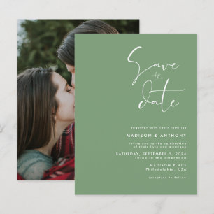 Postal De Invitación Boda Minimalista Verde Salvia Foto de Guardar la F