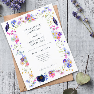 Postal De Invitación Boda moderna de flores silvestres azul marino