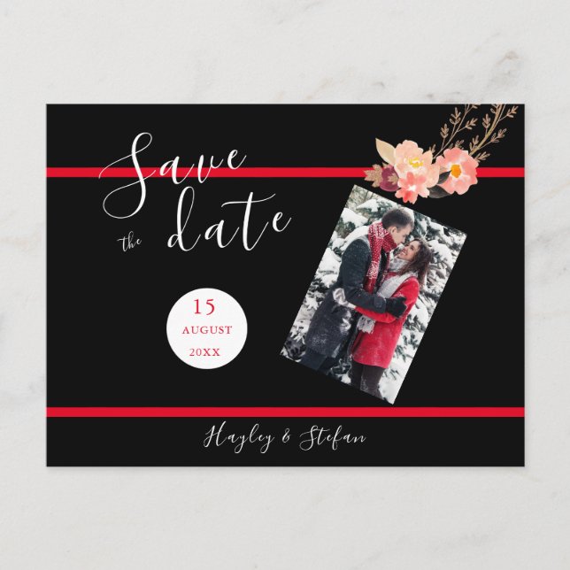 Postal De Invitación Boda Moderna Negra Y Roja Salvan La Foto De La Fec (Anverso)