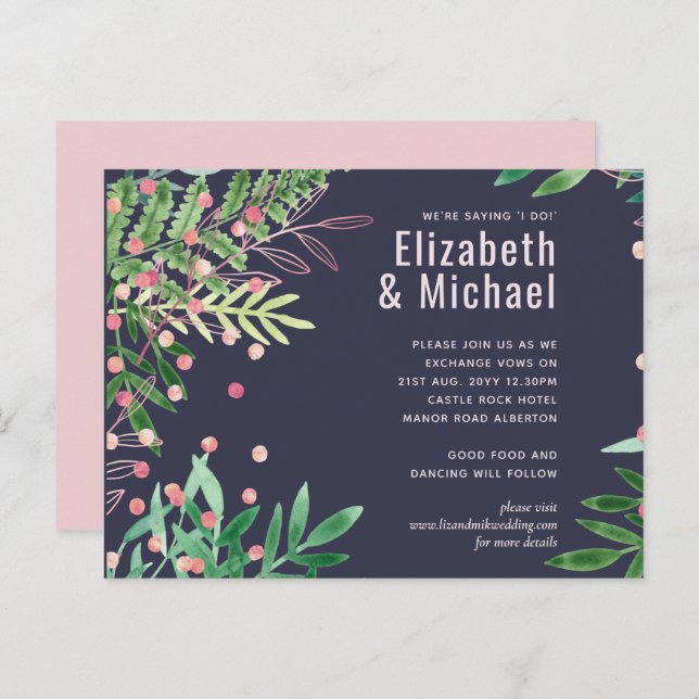 Postal De Invitación Boda Moderna Rosa con Verdor (Anverso / Reverso)