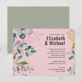 Postal De Invitación Boda Moderna Rosa con Verdor