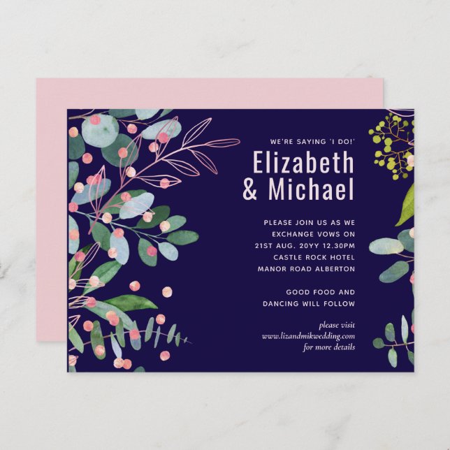 Postal De Invitación Boda moderna rosa verde (Anverso / Reverso)