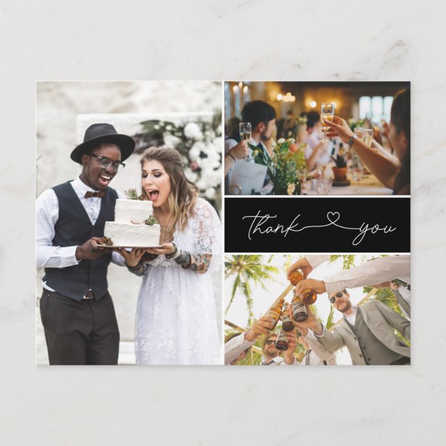 Postal De Invitación Boda moderno de tres guiones fotográficos gracias (Anverso)