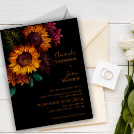 Postal De Invitación Boda moderno floral Naranja quemado negro vibrante