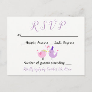 Postal De Invitación Boda morado RSVP Boda Lovebird Lavender rosa