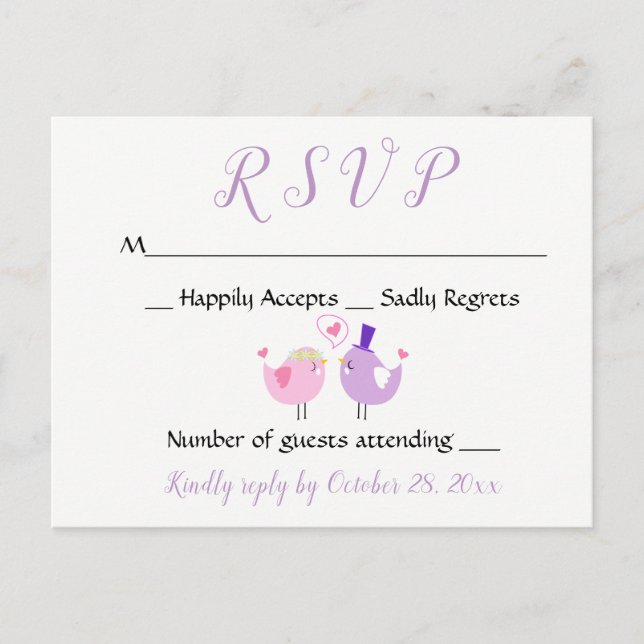 Postal De Invitación Boda morado RSVP Boda Lovebird Lavender rosa (Anverso)