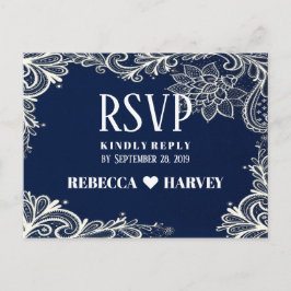 Postal De Invitación boda náutica de encaje blanco azul marino RSVP