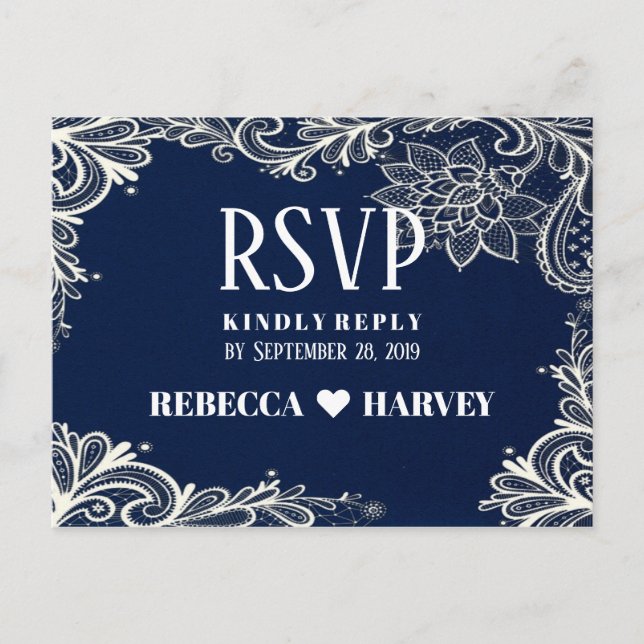 Postal De Invitación boda náutica de encaje blanco azul marino RSVP (Anverso)