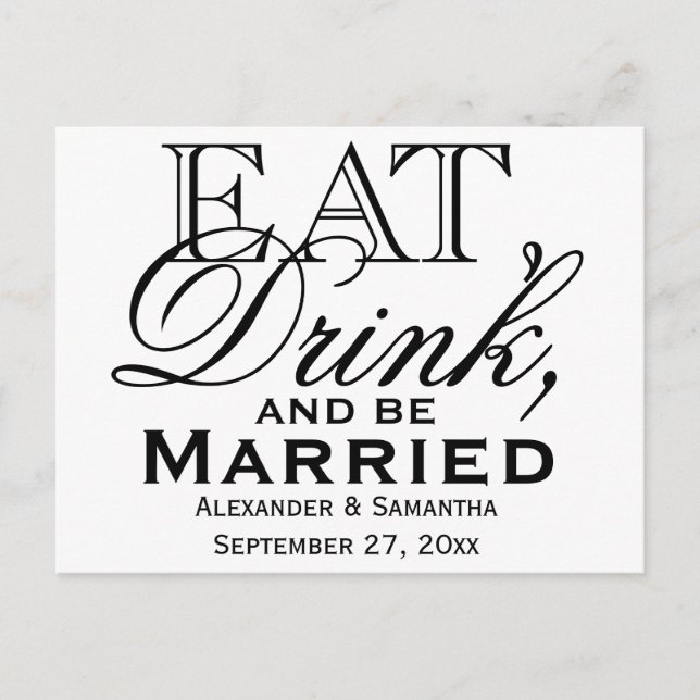 Postal De Invitación Boda personalizada com comer, beber e ser casado (Anverso)