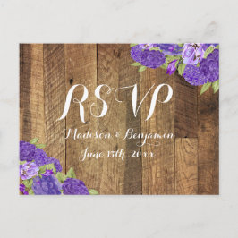 Postal De Invitación Boda púrpura Hidrangea Barn Madera RSVP Postcard2