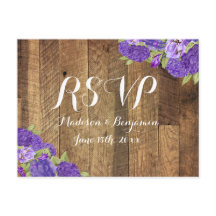 Boda púrpura Hidrangea Barn Madera RSVP Postcard2