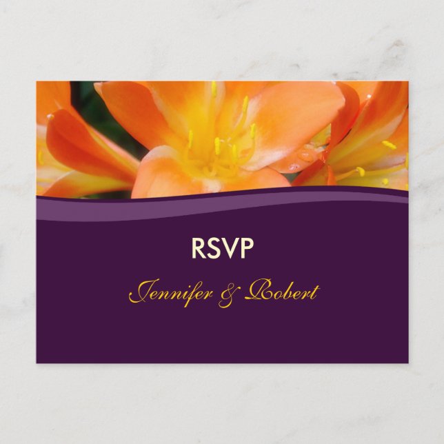 Postal De Invitación Boda púrpura y Naranja RSVP (Anverso)