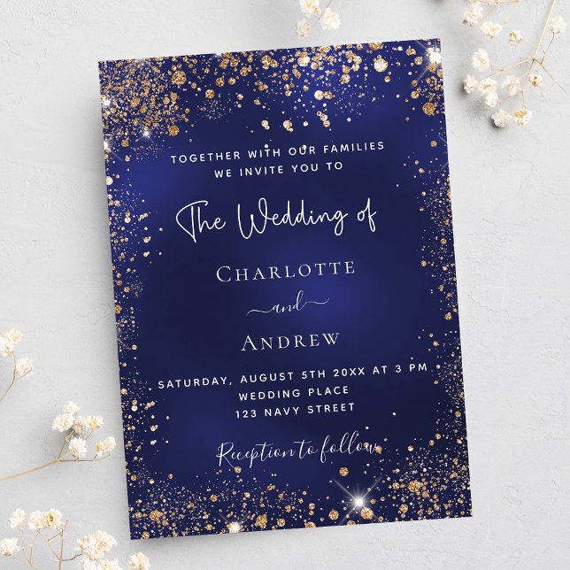 Postal De Invitación Boda purpurina de oro azul marino (Subido por el creador)