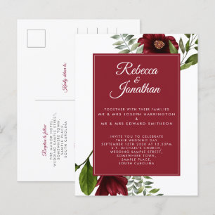 Postal De Invitación Boda Rojo Borgoña Floral