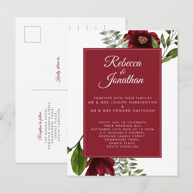 Postal De Invitación Boda Rojo Borgoña Floral (Anverso / Reverso)