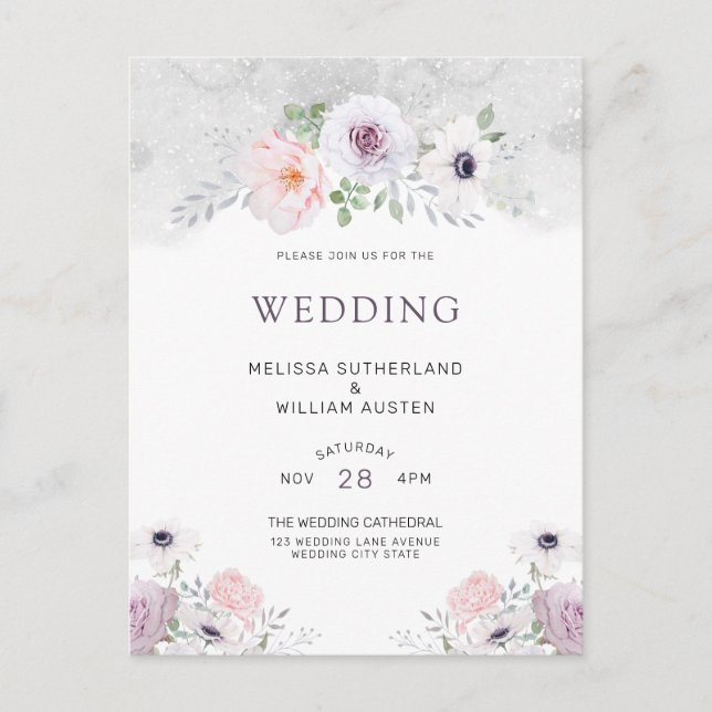 Postal De Invitación Boda Rosa de anémona acuarela floral invernal (Anverso)