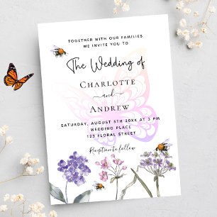 Postal De Invitación Boda rosa violeta de flores silvestres de mariposa