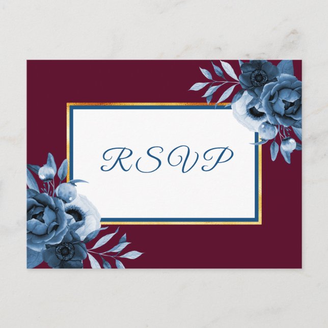 Postal De Invitación Boda RSVP blanco borgoña azul marino (Anverso)