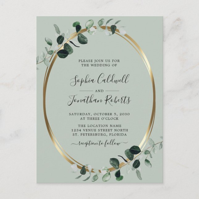 Postal De Invitación Boda RSVP de código QR de Eucalyptus Gold Sage (Anverso)