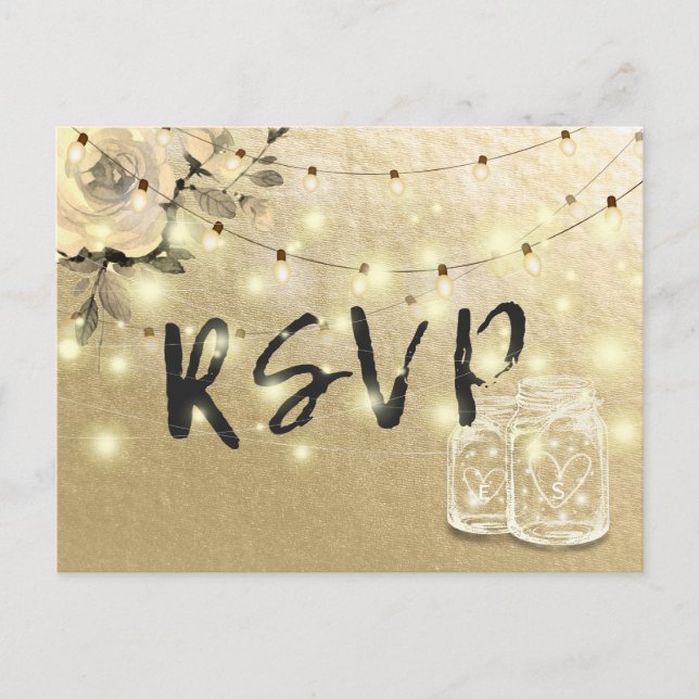 Postal De Invitación Boda RSVP Floral Mason Jar String Luces Gold (Anverso)
