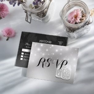 Postal De Invitación Boda RSVP Mason Jars String Light Plata moderna