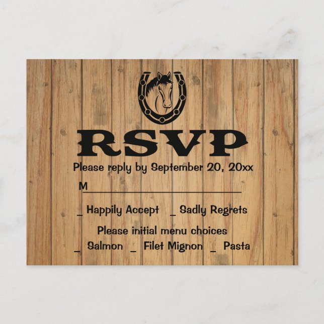 Postal De Invitación Boda RSVP Occidental Horse Brown Wood Country (Anverso)
