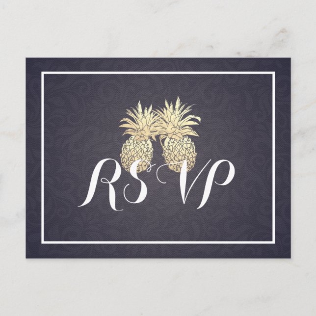Postal De Invitación Boda RSVP Responder Dorado Pineapple Pareja Marina (Anverso)