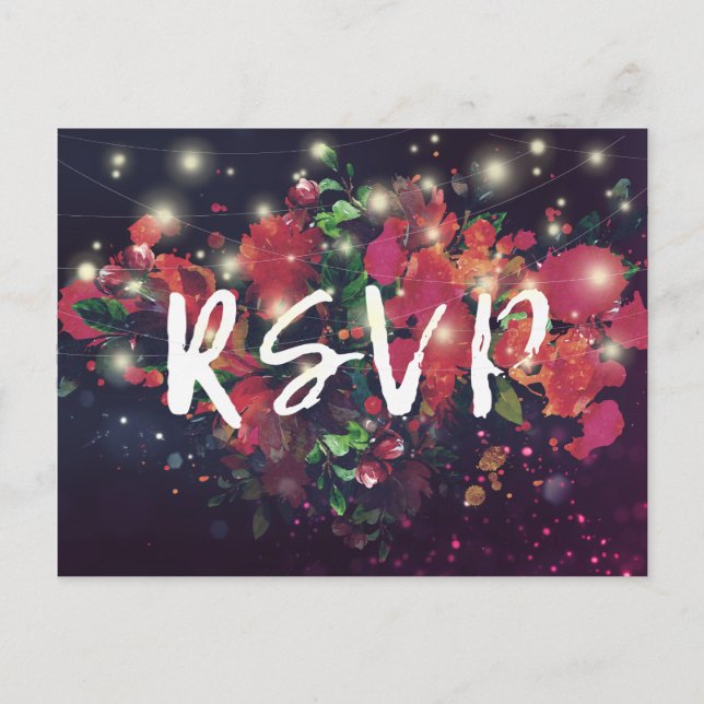 Postal De Invitación Boda RSVP Responder Floral String Light Gold Scrip (Anverso)