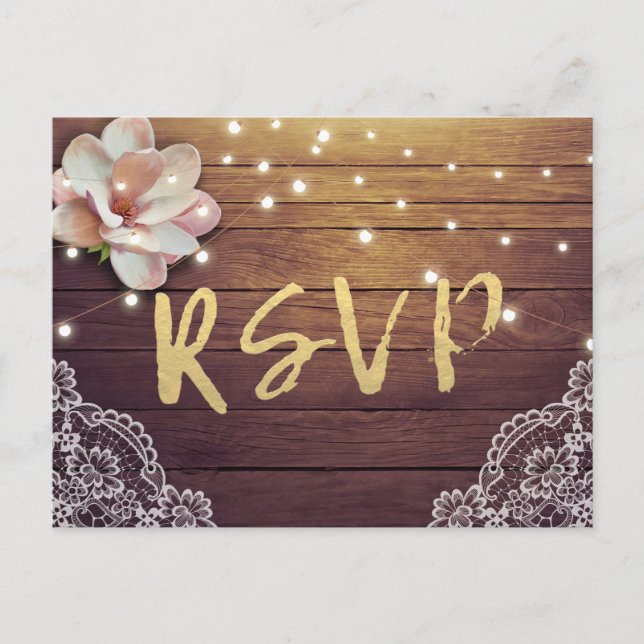 Postal De Invitación Boda RSVP Responder Rústica Madera Floral String L (Anverso)