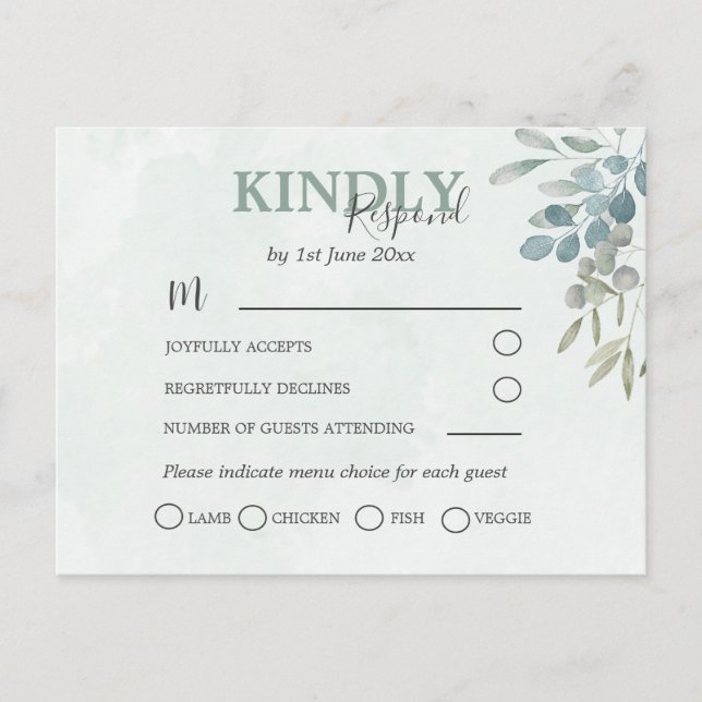Postal De Invitación Boda RSVP Rustic Eucalyptus Greenery (Anverso)