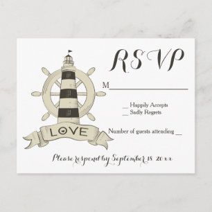Postal De Invitación Boda Rueda Faro RSVP Negro Tan Náutico