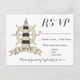 Postal De Invitación Boda Rueda Faro RSVP Negro Tan Náutico