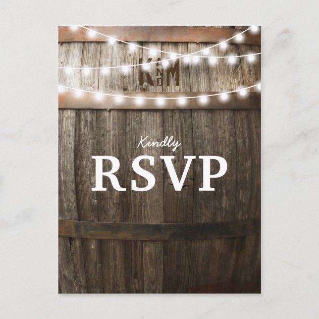 Postal De Invitación Boda Rústica de Campo | Cadena de Luces RSVP (Anverso)