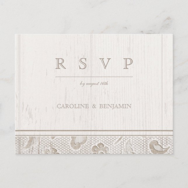 Postal De Invitación Boda rústica de campo de madera de encaje blanco R (Anverso)