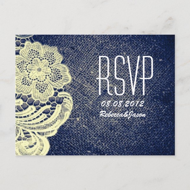 Postal De Invitación boda rústica de campo de ramos azul marino burlap  (Anverso)