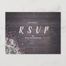Postal De Invitación Boda rústica de purpurina de encaje y madera RSVP