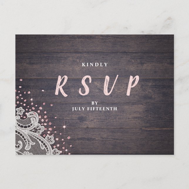 Postal De Invitación Boda rústica de purpurina de encaje y madera RSVP (Anverso)