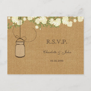 Postal De Invitación boda rústica de rosas de marfil en burlap RSVP