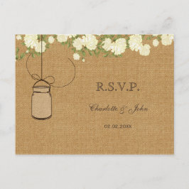 Postal De Invitación boda rústica de rosas de marfil en burlap RSVP