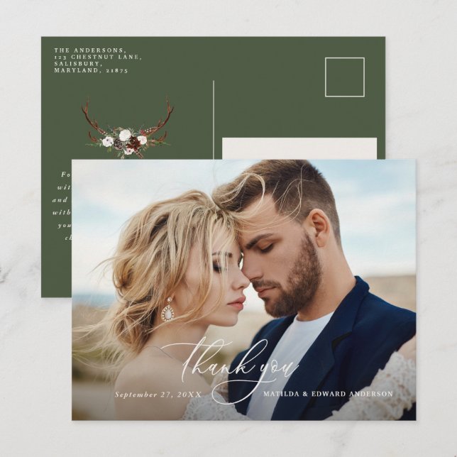 Postal De Invitación Boda rústica elegante gracias botánico (Anverso / Reverso)